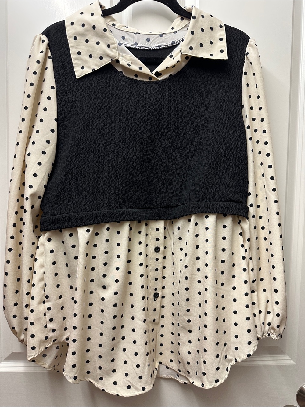 SHEIN Polka Dot Curve Faux Cropped Sweater Blouse - Cream and Black 1XL